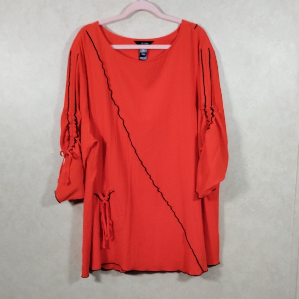 *150 Ali Miles orange & black trim ruched 3/4 sleeve tunic 3X CLEARANCE